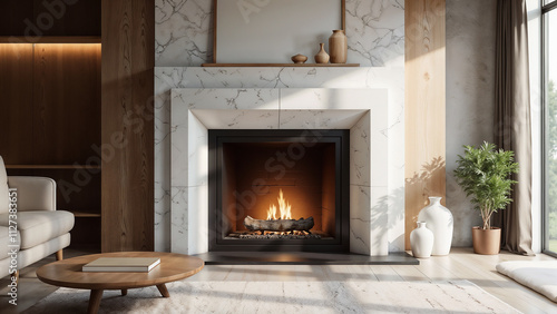 Modern marble fireplace in bright living room