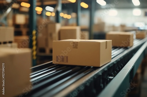 Close-up of cardboard boxes on a conveyor belt in a warehouse for a drop-shipping concept.