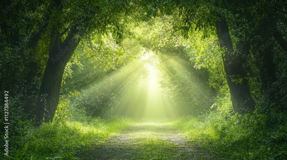 Obraz premium Sunbeams Illuminating a Mystical Forest Path