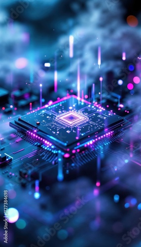 Futuristic Quantum Chip With Glowing Neon Circuits In Technological Background