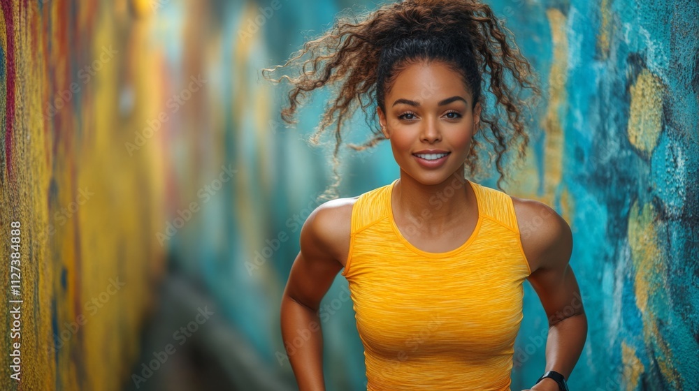 Naklejka premium A fit young woman smiles while jogging through a vibrant graffiti-covered alley, demonstrating her dedication to health and fitness. The lively colors enhance the energetic atmosphere.