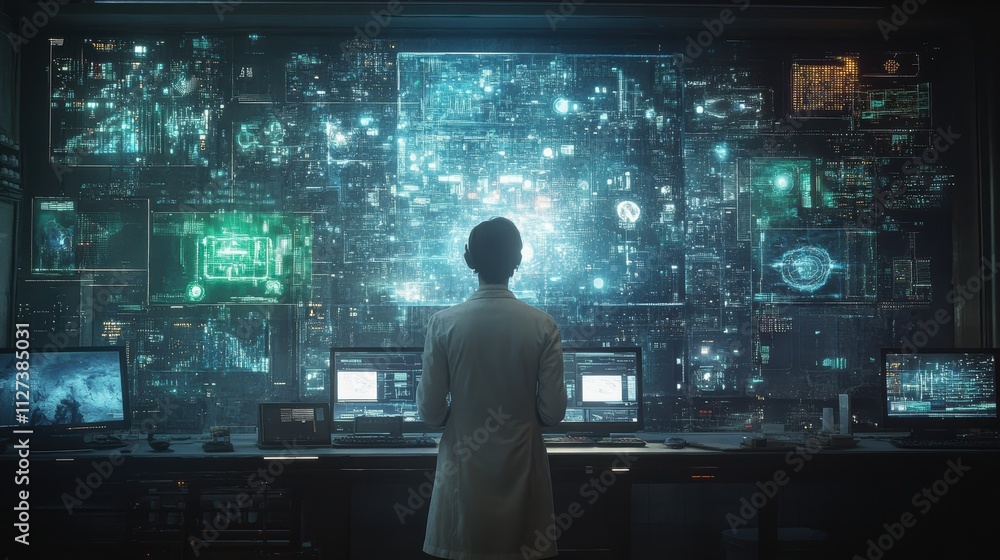 a high-tech laboratory or control room. A person, likely a scientist or researcher, stands facing a large screen surrounded by multiple digital displays. The individual is wearing a white lab coat a high-tech laboratory or control room. A person, likely a scientist or researcher, stands facing a large screen surrounded by multiple digital displays. The individual is wearing a white lab coat