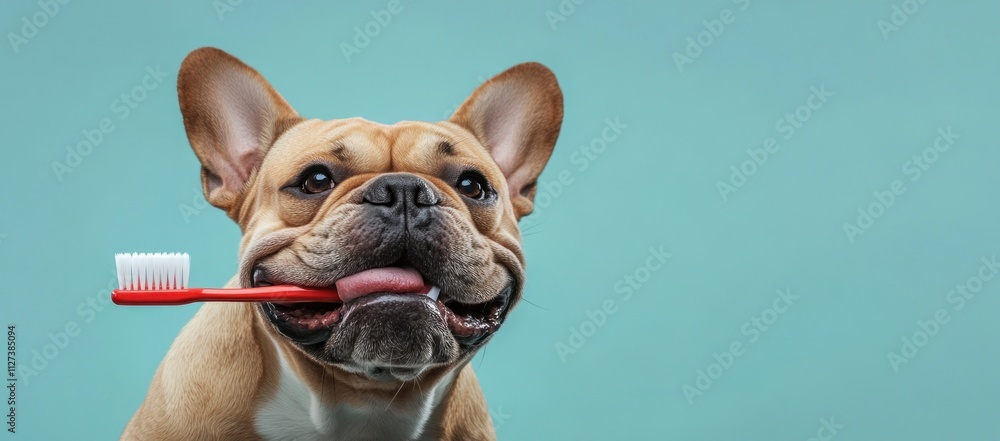 A cheerful dog holds a toothbrush, promoting pet dental care. A cheerful dog holds a toothbrush, promoting pet dental care.