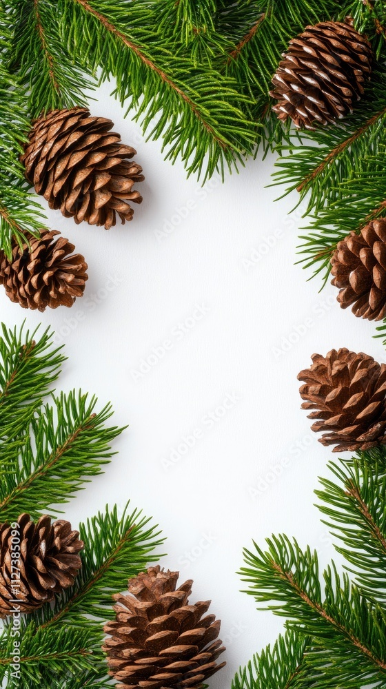 Pine branches and cones are artistically arranged on a white surface, providing a clear area in the center for festive messages. This composition is ideal for Christmas cards and holiday designs Pine branches and cones are artistically arranged on a white surface, providing a clear area in the center for festive messages. This composition is ideal for Christmas cards and holiday designs