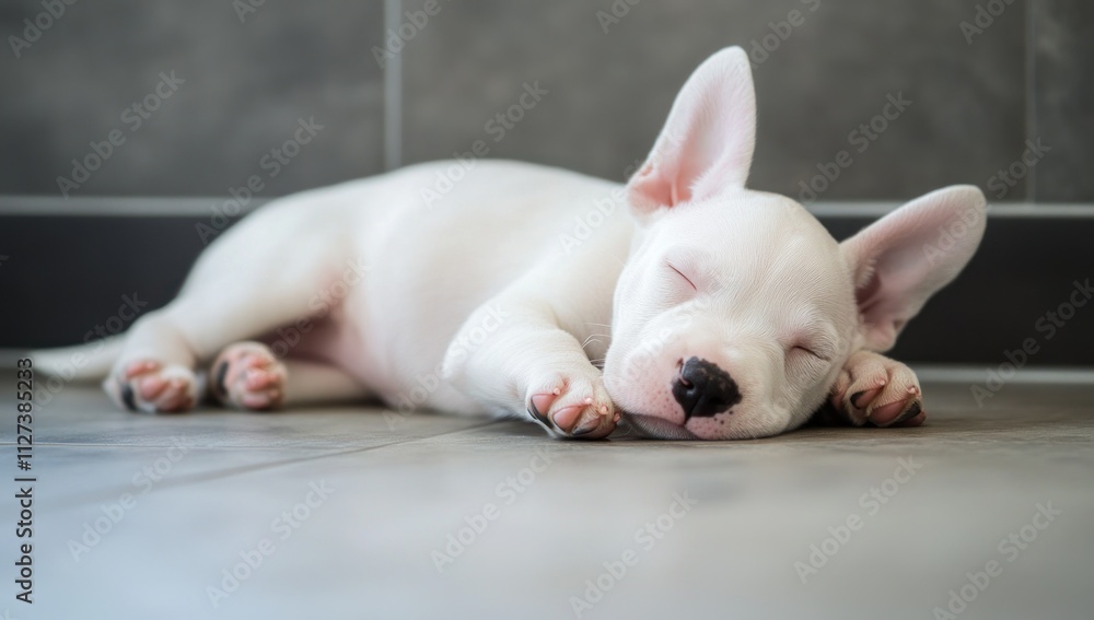 A peaceful white puppy sleeping on a tiled floor. A peaceful white puppy sleeping on a tiled floor.
