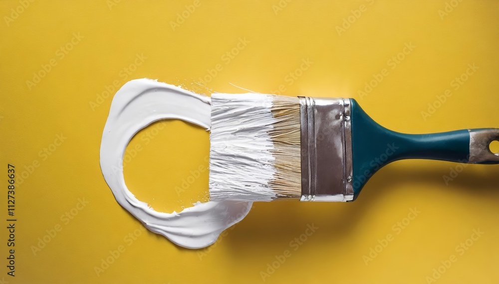 Beautiful Mockup Image of a Paintbrush with White Paint on a Vibrant Yellow Background, Perfect for Art Projects, Design Presentations, and Creative Marketing Materials Beautiful Mockup Image of a Paintbrush with White Paint on a Vibrant Yellow Background, Perfect for Art Projects, Design Presentations, and Creative Marketing Materials