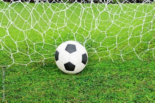 A soccer ball sits on the grass in front of a goal. Football gate with ball on the lawn. Football player lies on the ball during the game. Football ball lies on a gate in lifestyle a lawn.