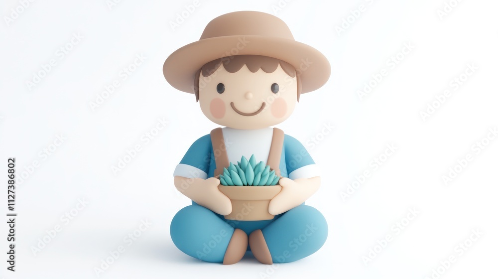 A cheerful cartoon character sitting with a potted plant, embodying a love for gardening. A cheerful cartoon character sitting with a potted plant, embodying a love for gardening.