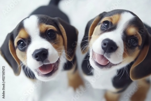 Two playful beagle puppies smiling and looking at the camera. photo