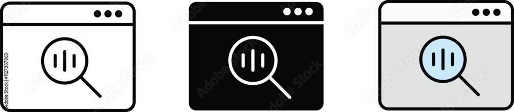 Analyzing statistics and metric. Lined and isolated style. Program screen with magnifying glass. Editable Stroke. Vector illustration Analyzing statistics and metric. Lined and isolated style. Program screen with magnifying glass. Editable Stroke. Vector illustration