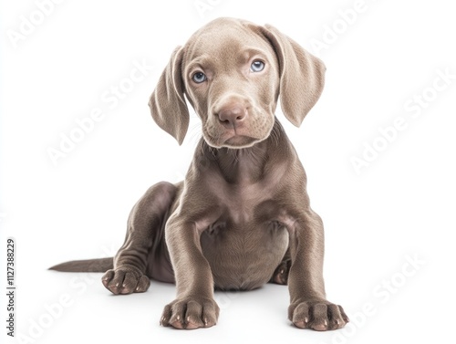 A playful puppy sits attentively against a white background, showcasing its features.