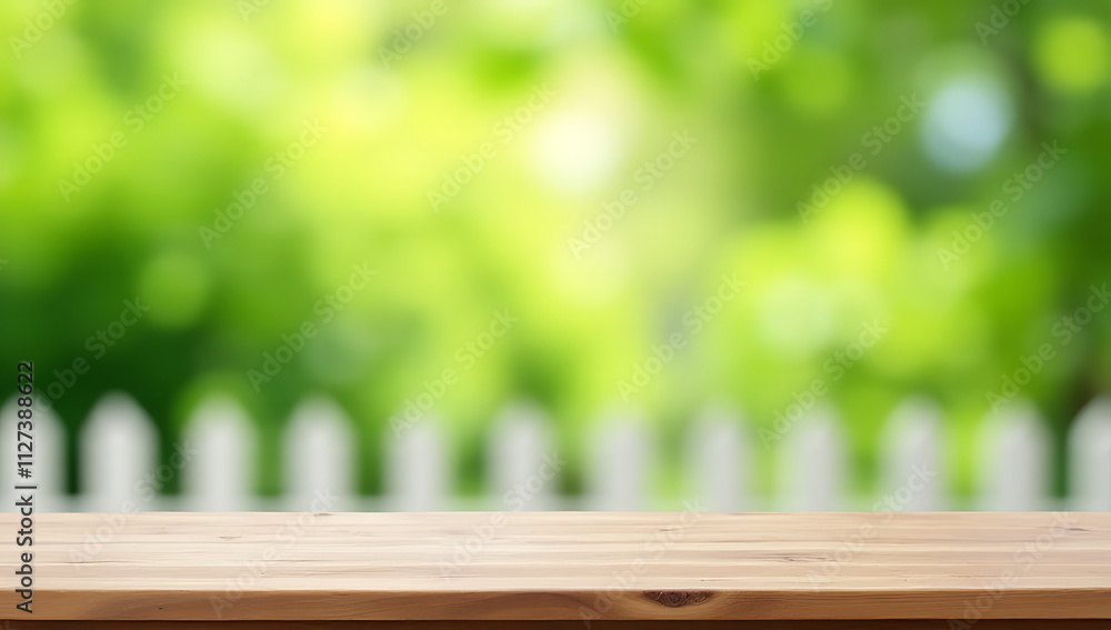 A wood table top sits atop a blurred white fence and lush green garden in a serene outdoor setting background._00003_ A wood table top sits atop a blurred white fence and lush green garden in a serene outdoor setting background._00003_