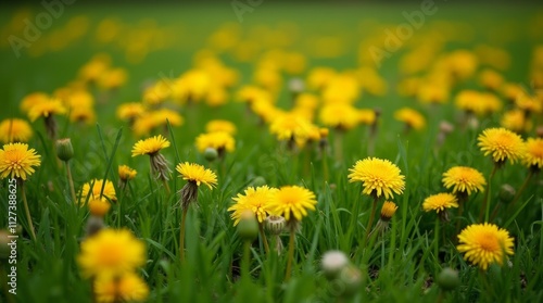 Bright yellow dandelions scattered across a lush green lawn, showcasing their vibrant color and unique shape, ideal for nature photography and gardening projects, emphasizing the beauty of wildflowers