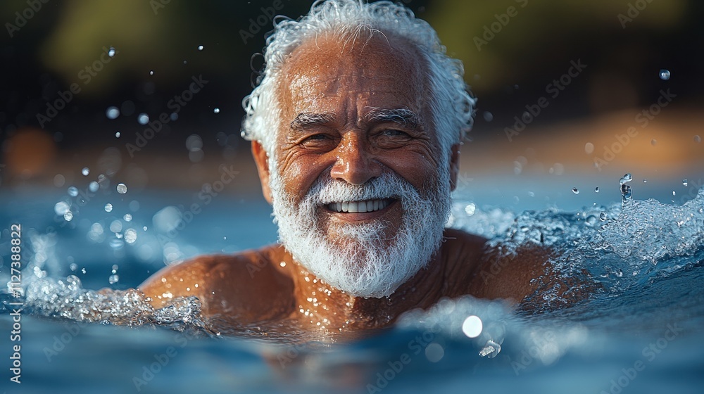 Joyful elderly man enjoying a refreshing swim in clear blue water on a sunny day Joyful elderly man enjoying a refreshing swim in clear blue water on a sunny day