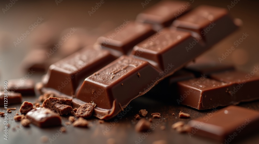 Delicious chocolate bar broken into pieces, showcasing its rich texture and glossy finish, ideal for food photography and promotional materials, emphasizing indulgence and flavor. Delicious chocolate bar broken into pieces, showcasing its rich texture and glossy finish, ideal for food photography and promotional materials, emphasizing indulgence and flavor.