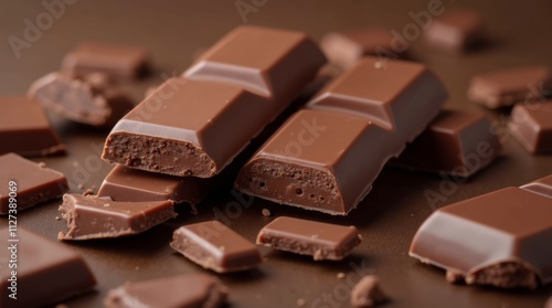 Delicious chocolate bar broken into pieces, showcasing its rich texture and glossy finish, ideal for food photography and promotional materials, emphasizing indulgence and flavor.