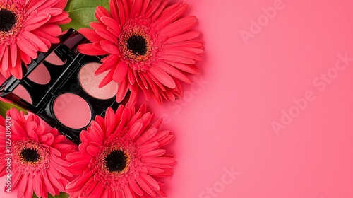 Vibrant Pink Flowers with Cosmetics on a Soft Pink Background photo