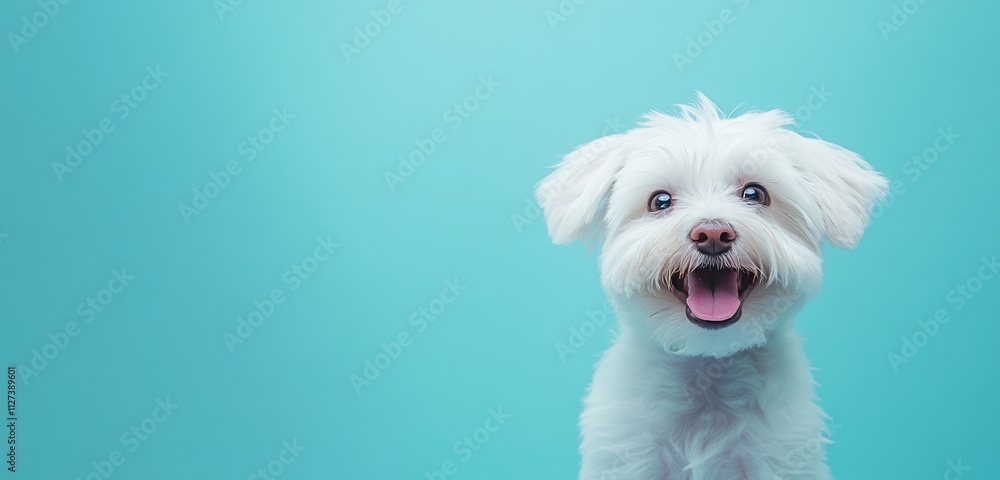 A happy white dog with a playful expression against a bright blue background. A happy white dog with a playful expression against a bright blue background.