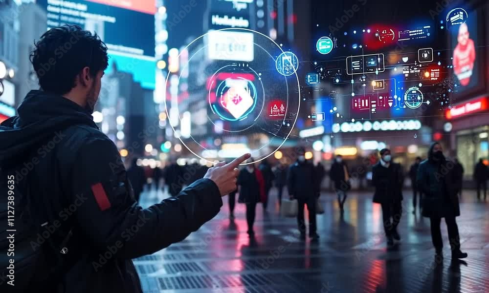 A person interacts with digital holograms in a city setting. A person interacts with digital holograms in a city setting.