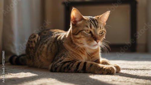 Wallpaper Mural A graceful feline stretching in a sunlit room, showcasing its elegant posture and relaxed demeanor, ideal for pet photography and lifestyle projects, emphasizing comfort and playfulness. Torontodigital.ca