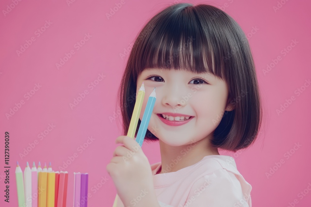 A cheerful child holding colorful pencils against a pink background, promoting creativity. A cheerful child holding colorful pencils against a pink background, promoting creativity.