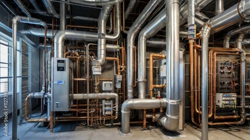 Comprehensive HVAC system layout showcasing intricate ductwork and modern equipment, emphasizing efficiency and climate control, ideal for engineering and architectural contexts.