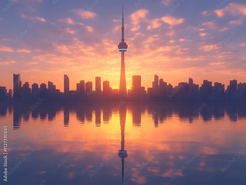 Obraz premium Toronto Skyline Sunset Featuring Iconic Tower