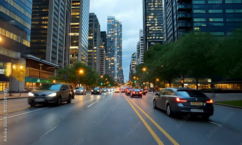 City street scene at dusk with illuminated buildings and moving cars. City street scene at dusk with illuminated buildings and moving cars.