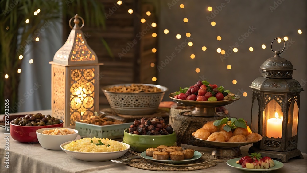 Luxurious Feast of Traditional Ramadan Dishes on a Decorated Table Luxurious Feast of Traditional Ramadan Dishes on a Decorated Table