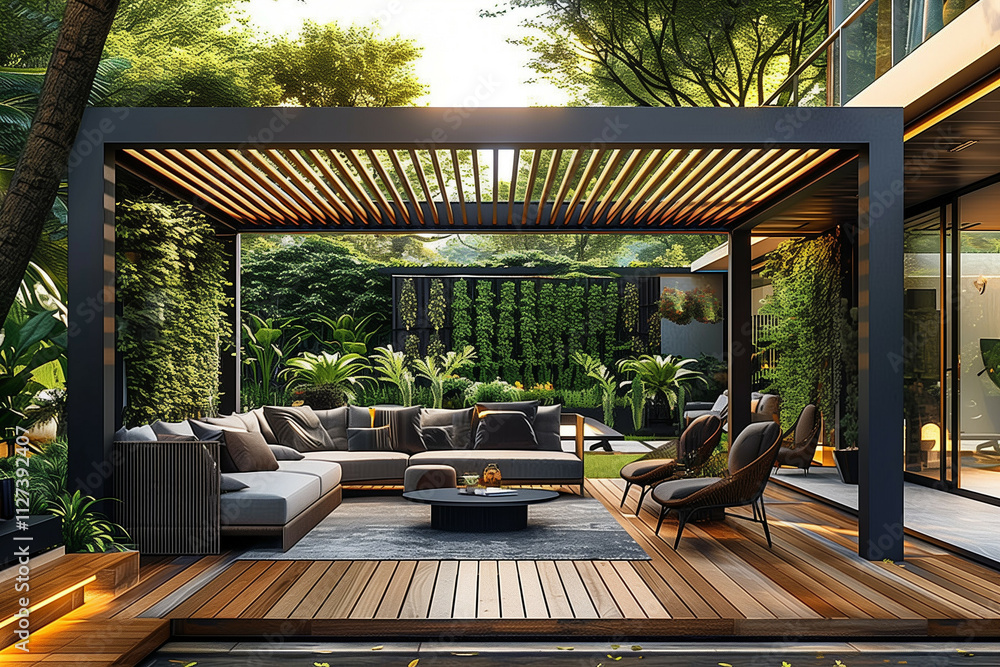 Fototapeta premium An elegant outdoor patio featuring a modern pergola, luxurious seating area, lush green plants, and warm ambient lighting in a garden setting