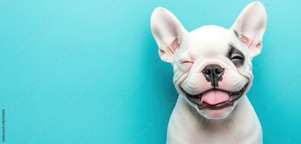 A cheerful French Bulldog with a playful expression against a blue background. A cheerful French Bulldog with a playful expression against a blue background.