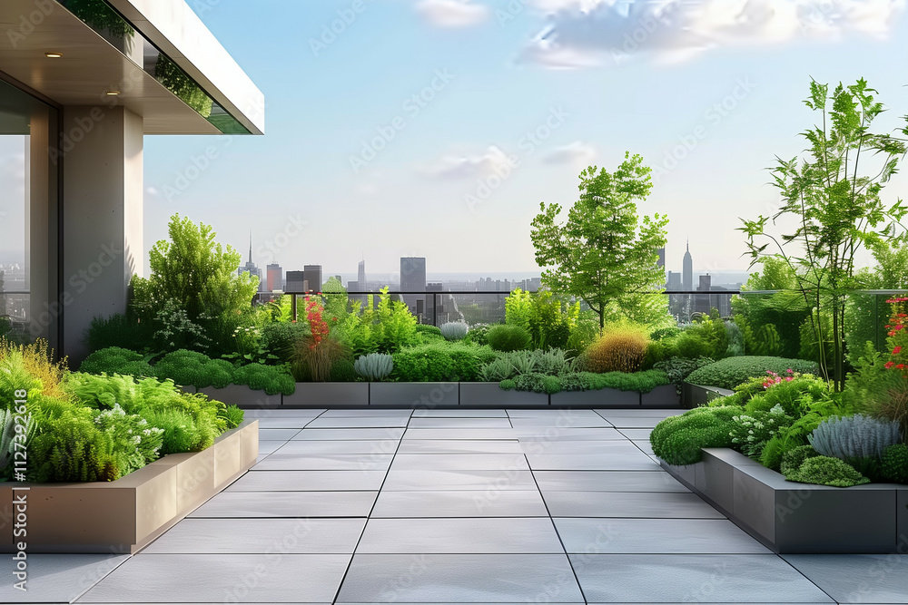 Fototapeta premium Modern rooftop garden with lush greenery, urban skyline view, and a serene outdoor setting under a blue sky