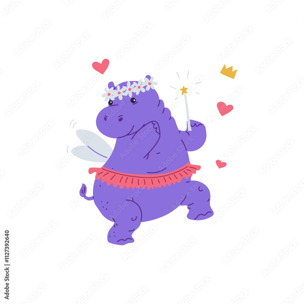 Cute hippopotamus girl with wings, magic wand, ballet tutu. Cute hippopotamus girl with wings, magic wand, ballet tutu.