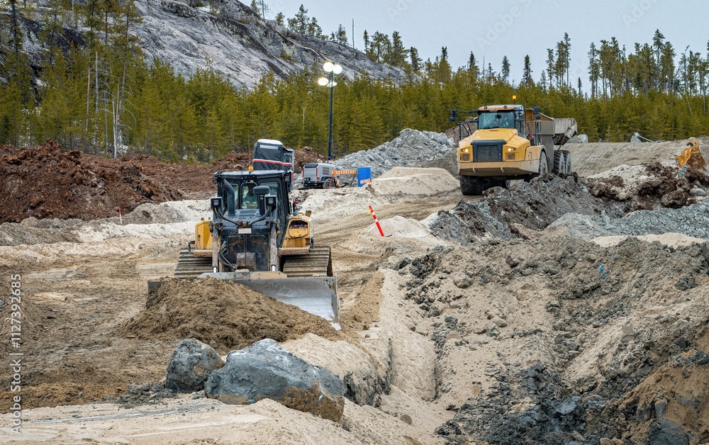 Bulldozer spreading sand with a dump truck circulating in the background Bulldozer spreading sand with a dump truck circulating in the background