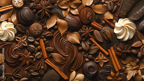 Chocolate and spices. Chocolate, coffee, cinnamon and vanilla