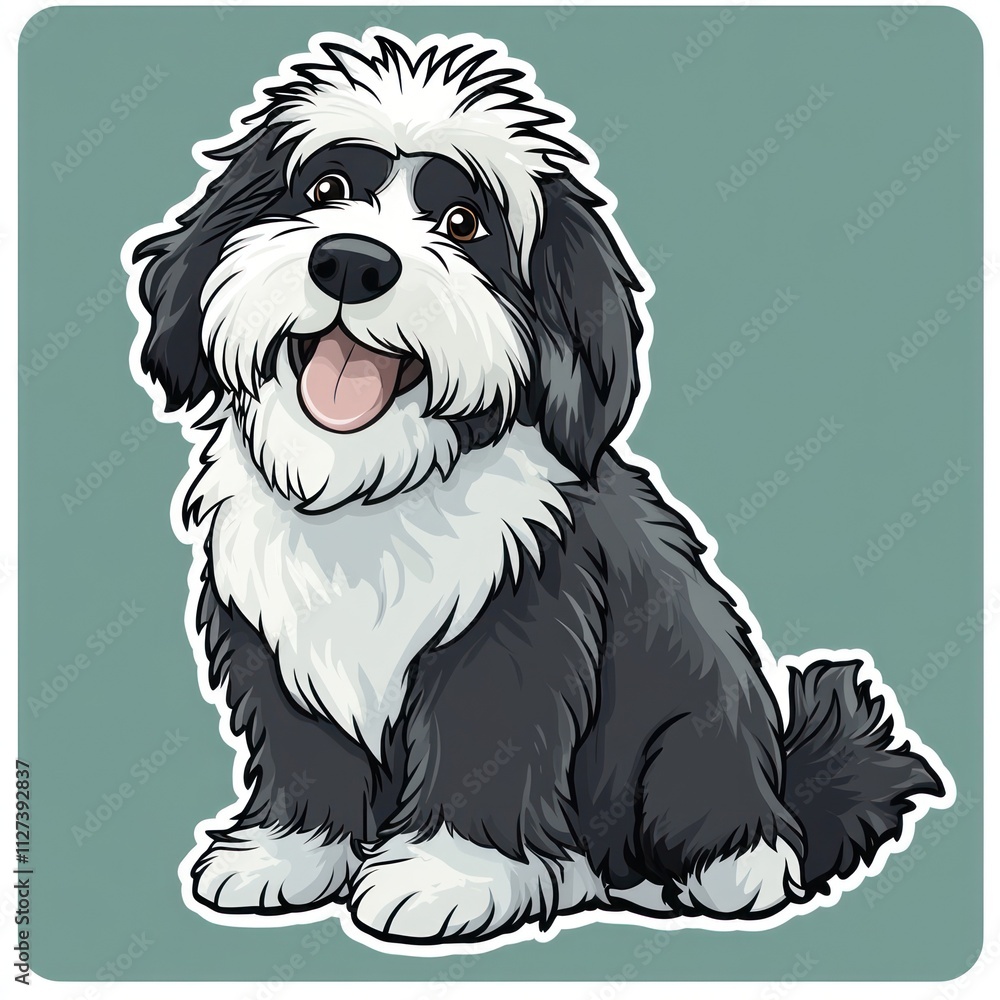A cheerful cartoon dog with black and white fur, sitting happily with a friendly expression. A cheerful cartoon dog with black and white fur, sitting happily with a friendly expression.