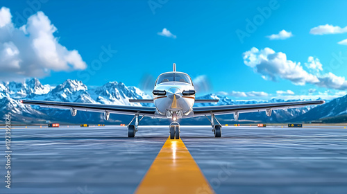 A small aircraft parked on a runway with mountains in the background under a bright blue sky, showcasing aviation and travel themes. photo