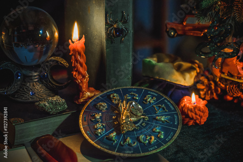 Rite with a burning candle, night mystery atmosphere, Christmas eve, Yule or another day