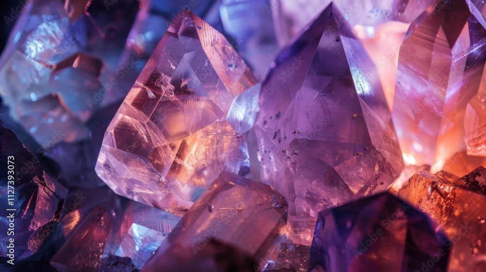 Close-up of glowing purple crystals in dramatic lighting Close-up of glowing purple crystals in dramatic lighting
