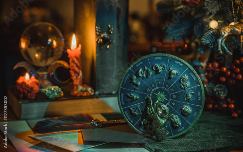 Rite with a burning candle, night mystery atmosphere, Christmas eve, Yule or another day