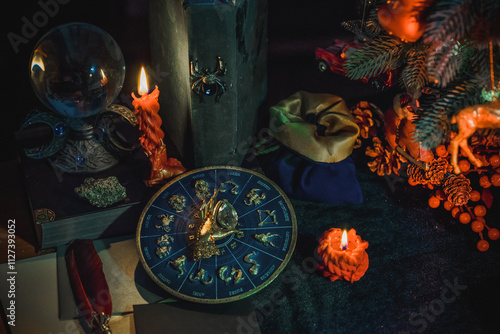 Rite with a burning candle, night mystery atmosphere, Christmas eve, Yule or another day