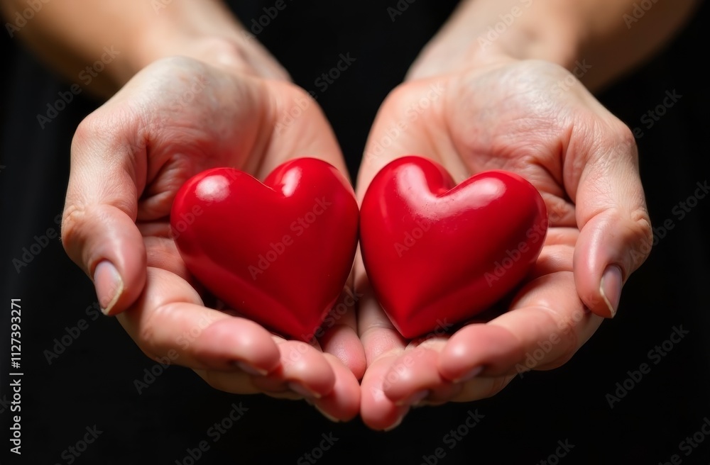 Two Red Hearts in Female Palms on Black Background, Valentine's Day Two Red Hearts in Female Palms on Black Background, Valentine's Day