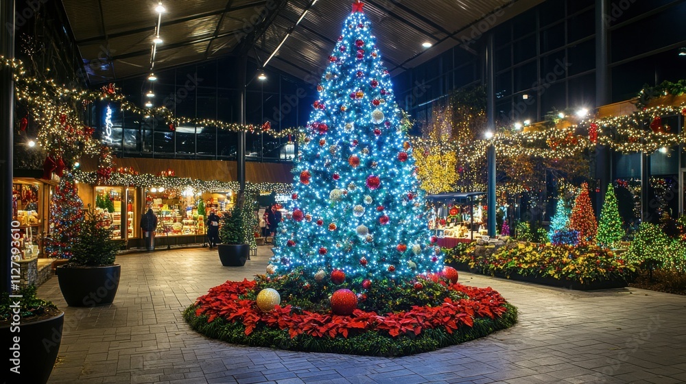 Naklejka premium Festive Holiday Decorations with Bright Christmas Tree and Lights