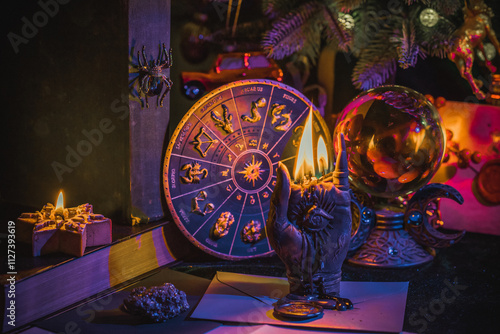 Rite with a burning candle, night mystery atmosphere, Christmas eve, Yule or another day