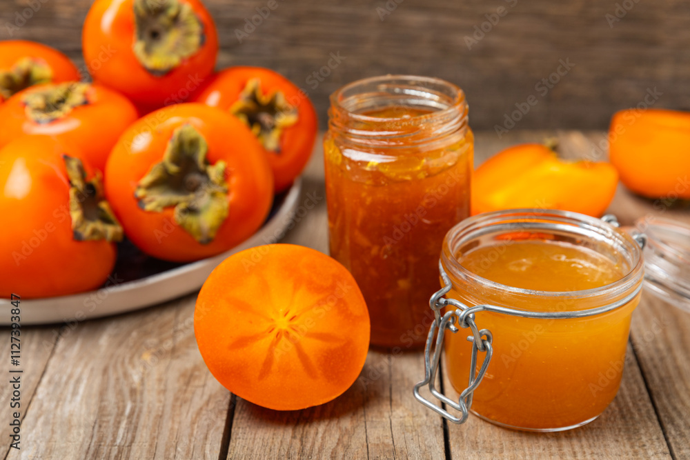Persimmon jam with slices of ripe persimmon on wooden textured table. Delicious persimmon jam. Marmalade. Healthy sweets. Vegan. Close-up. Space for text. Copy space. Persimmon jam with slices of ripe persimmon on wooden textured table. Delicious persimmon jam. Marmalade. Healthy sweets. Vegan. Close-up. Space for text. Copy space.