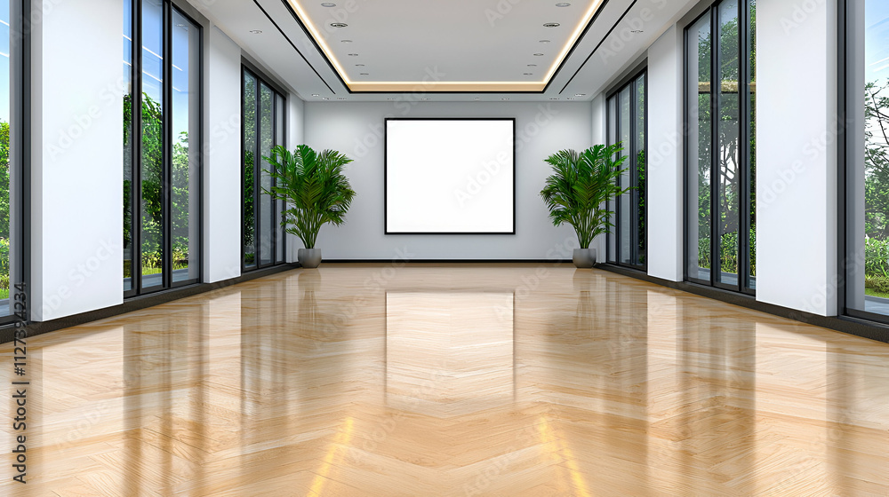 Fototapeta premium A spacious, modern room with large windows, polished wooden floor, and a blank projector screen, ideal for presentations or meetings.