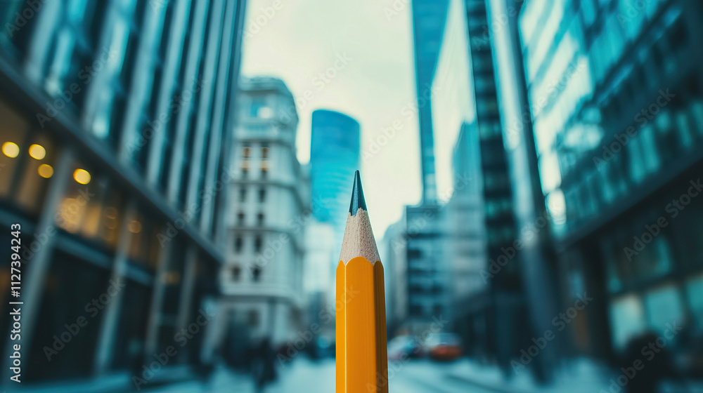 A Vivid Urban Landscape Scene Featuring a Bright Yellow Pencil as the Main Subject in Focus A Vivid Urban Landscape Scene Featuring a Bright Yellow Pencil as the Main Subject in Focus