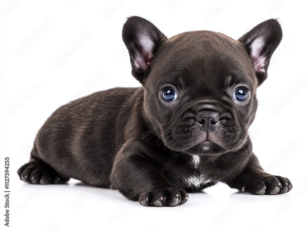 A cute black French Bulldog puppy lying down with a curious expression. A cute black French Bulldog puppy lying down with a curious expression.