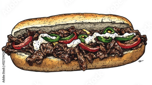 Detailed Illustration of a Delicious Cheesesteak Sandwich Loaded with Tender Beef, Fresh Vegetables, Creamy Sauce, and Served on a Soft Hoagie Roll photo