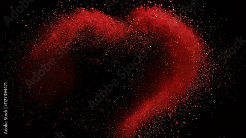 Vibrant red heart shape formed from scattered particles on dark background